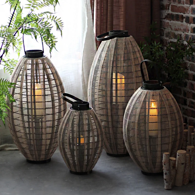 Natural Handmade Wooden Candle Holders With Nordic Floor Mounted Wind Lanterns Large Cloth Covered Niight Light For Outdoor