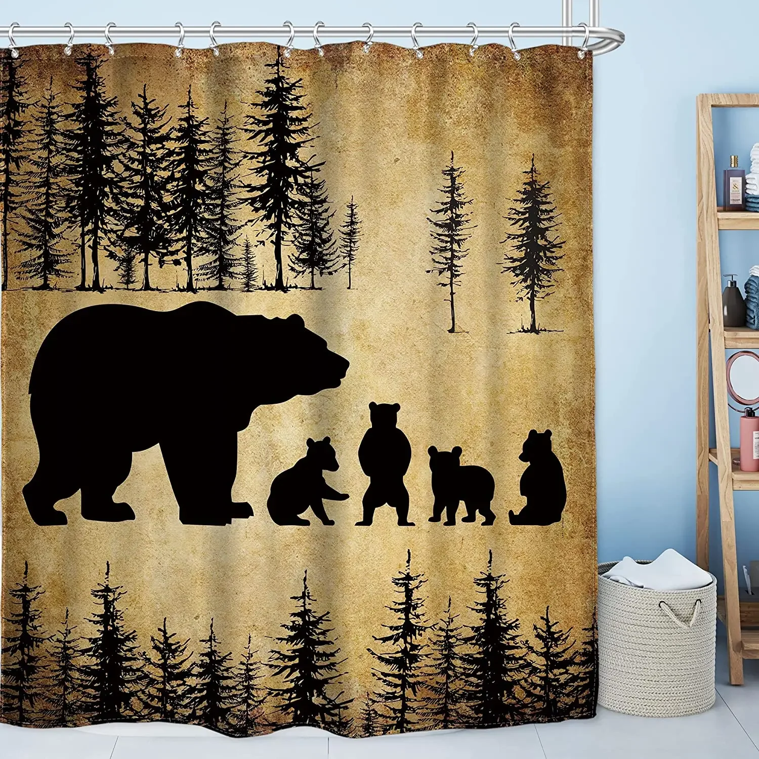 Bear Deer Moose Rustic Wild Animal Vintage Farmhouse Lodge Cabin Tree Forest Camp Hunting Primitive Country Style Shower Curtain