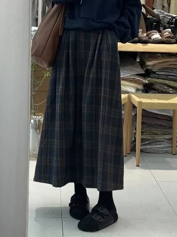 

Шерстяная юбка в клетку в стиле ретро, женская свободная трапециевидная юбка с высокой талией, осенне-зимняя новая утягивающая юбка небольшого размера