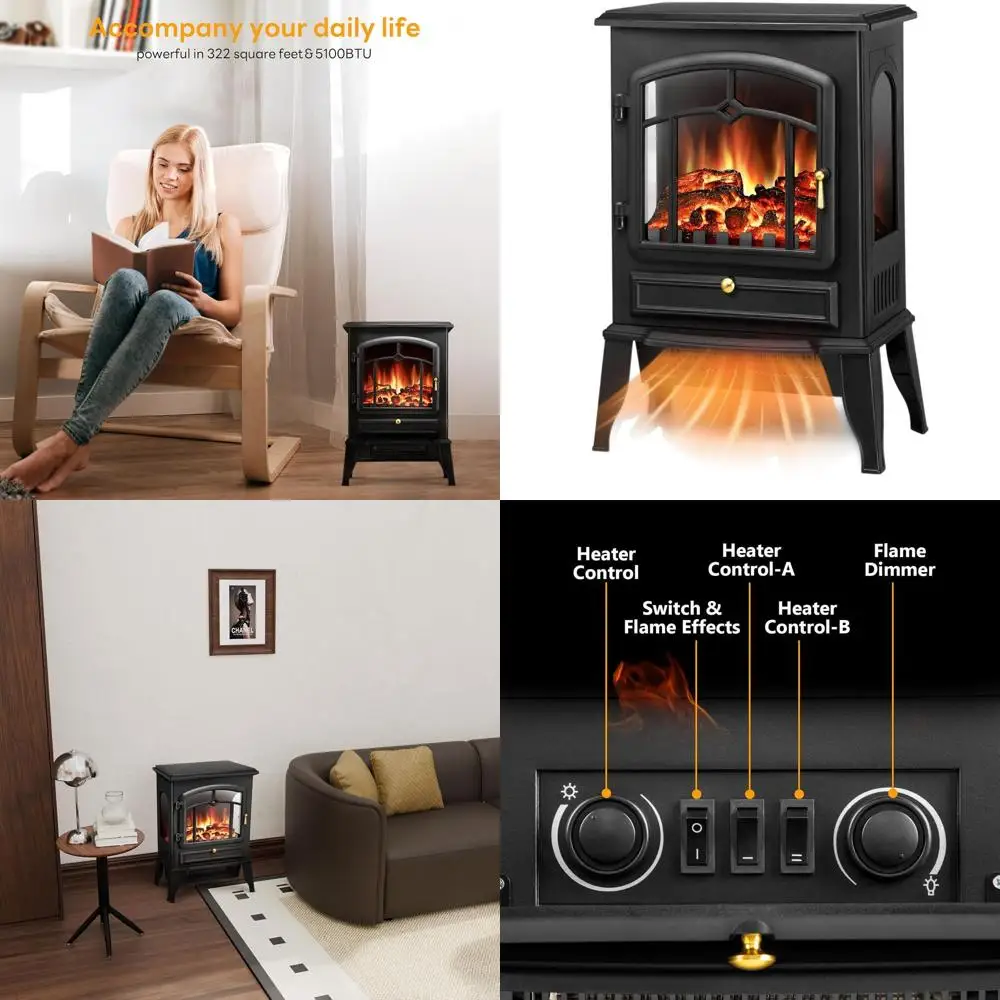 

1000W/1500W Freestanding Electric Fireplace Heater with Adjustable 3D Flames, Thermostat, and Overheat Protection