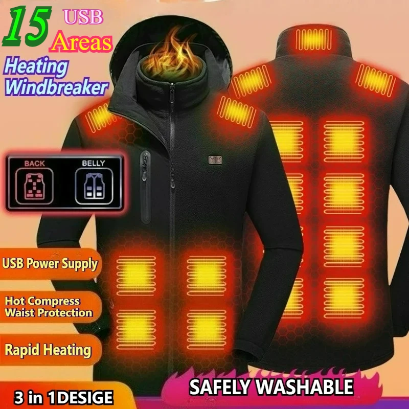 

15 Areas Heated Windbreaker Mens 3 in 1 Fleece Jacket Winter USB Smart Self Heating Jacket Outdoor Snow Thermal Light Coats