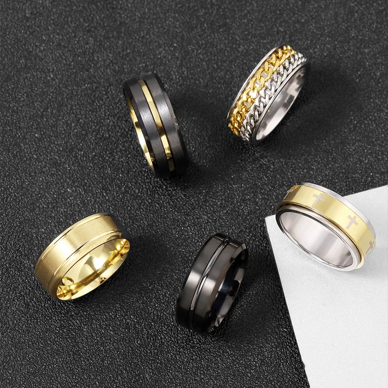 Double Groove Beveled Edge Brick Pattern Brushed Stainless Steel Rings Rotate Rotating Anxiety Fidget Titanium Wedding  Jewelry