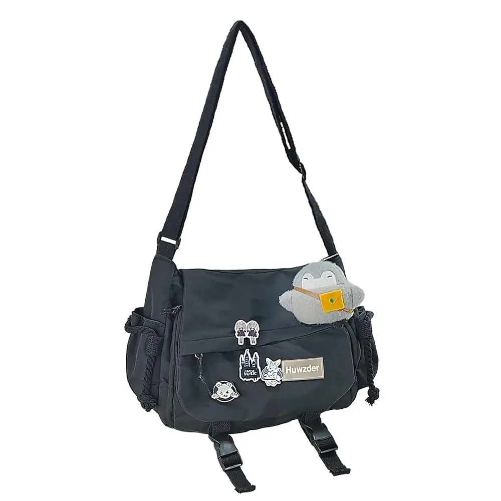 

Nylon Messenger Bag Kawaii Crossbody Bag with Cute Pins Aesthetic Shoulder Bag for Women and Men