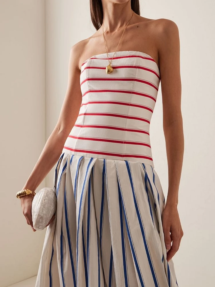 Flaxmaker 2025 Bandeau Striped Print Sling Maxi Dress Summer Off The Shoulder Party Vestidos Femme Holiday Dresses