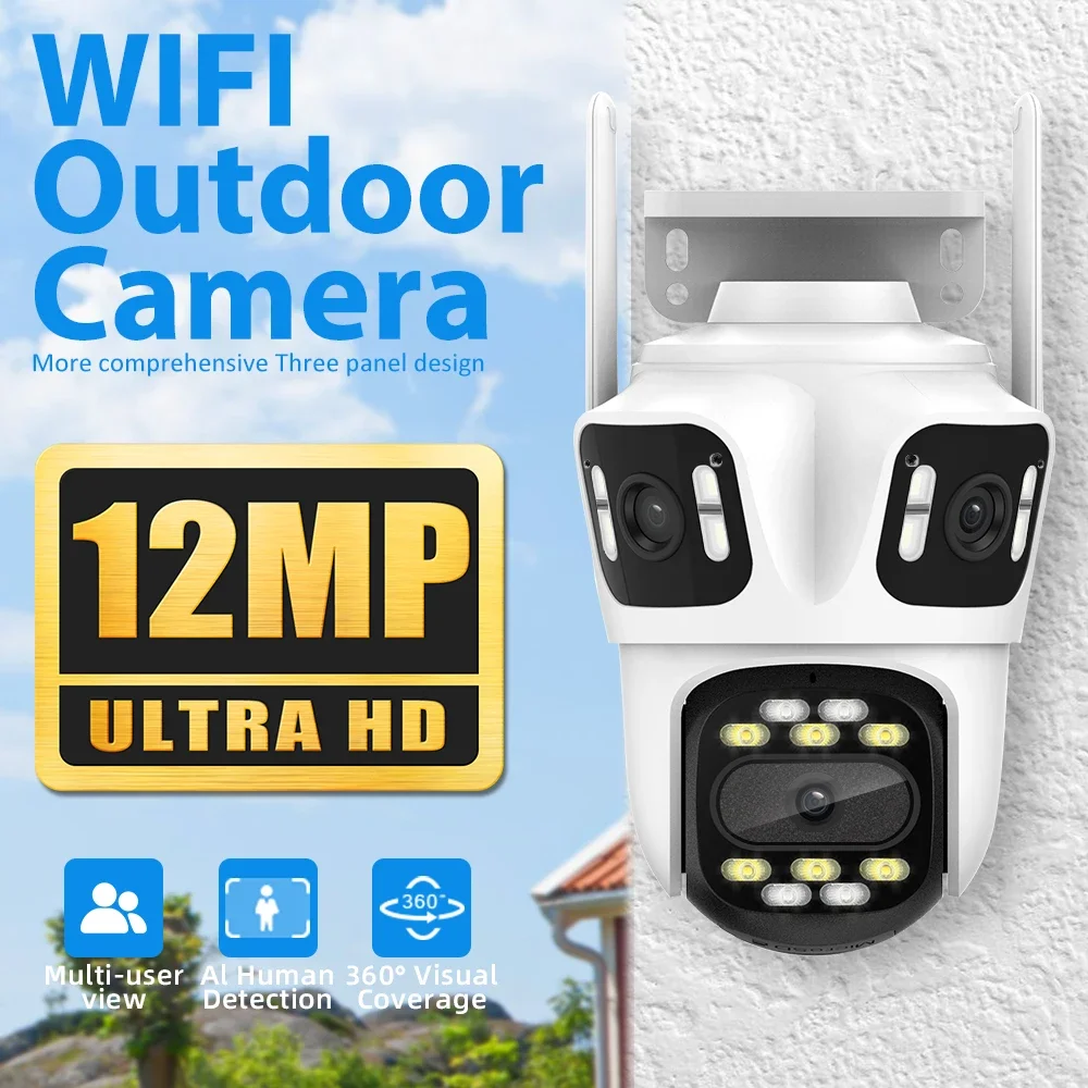 6K 12MP Triple Lens PTZ IP Camera Outdoor 6K HD Triple Screen WiFi Security Camera Auto Tracking 4K Dual Lens Wired CCTV Camera