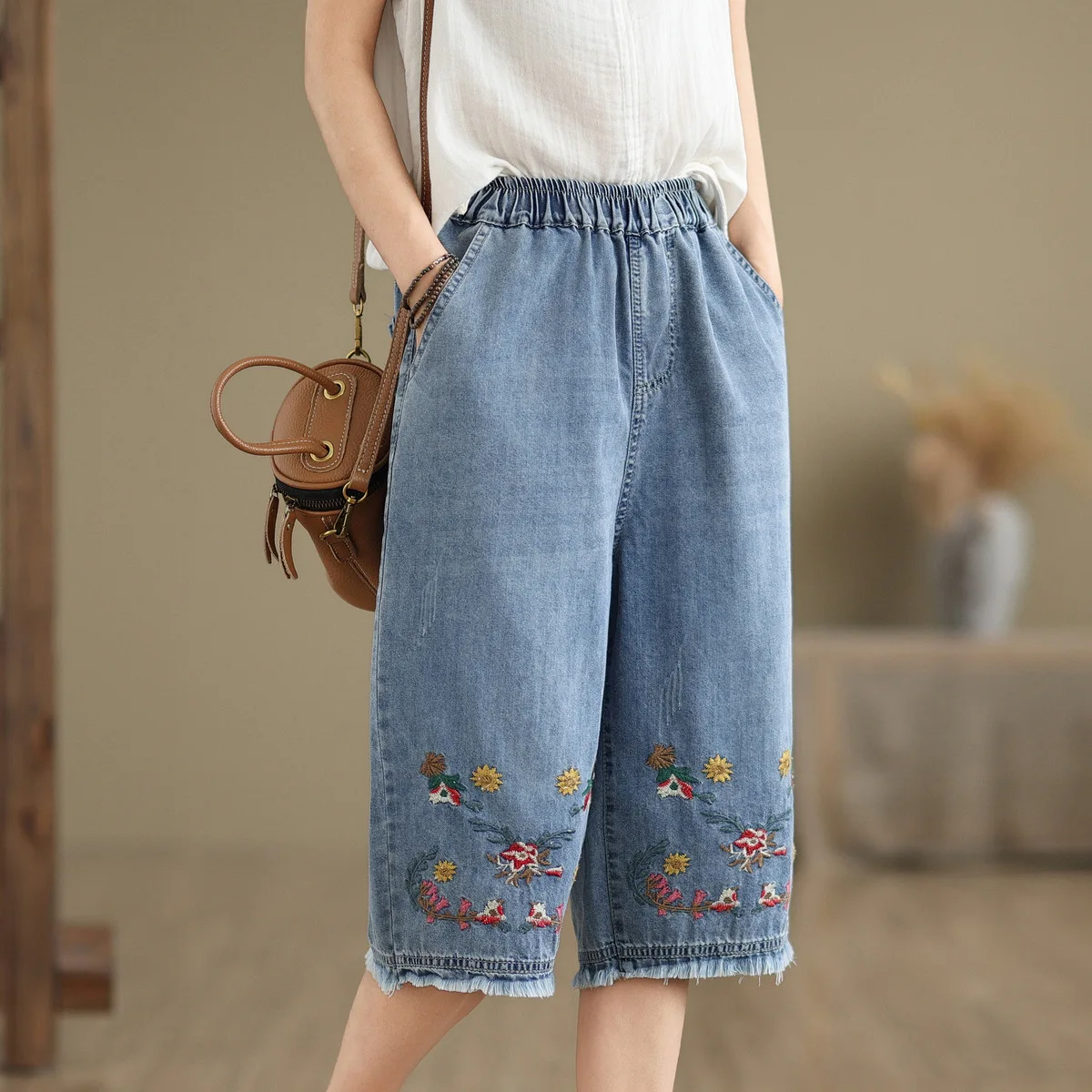 Aricaca Wide Leg Pants for Women Fashion High Waist Knee Length Jeans Shorts Women Oversize Denim Pants