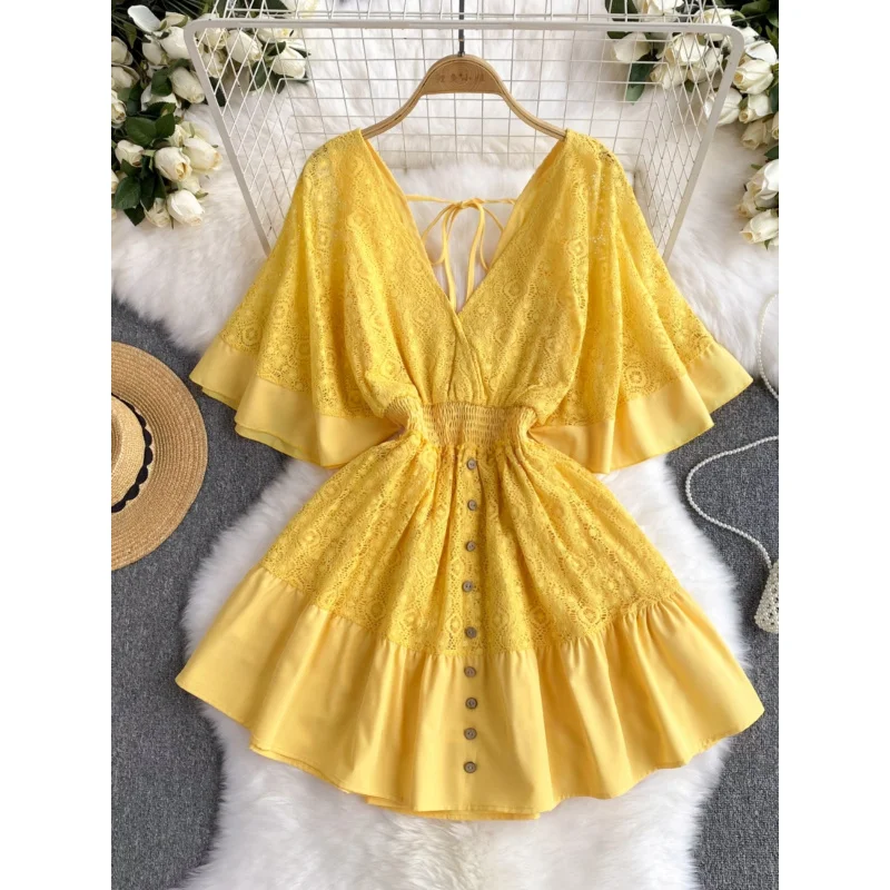 Vacation style 2026 New summer niche sexy deep-cut styleVSweet dress with lace collar, waist-cinching design, and bell sleeves