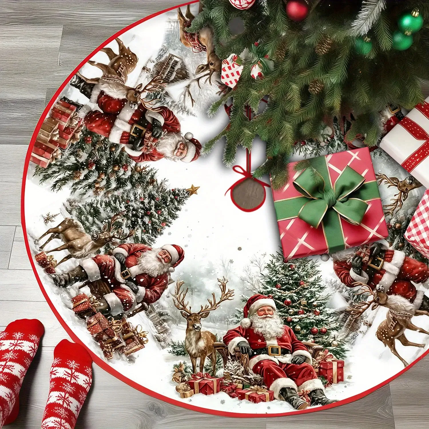 VIKAMA Santa Reindeer Christmas Tree Skirt,Round Non‑Slip Floor Mat,Winter Snow Scene Gift Box Xmas Carpet Holiday Home Decor