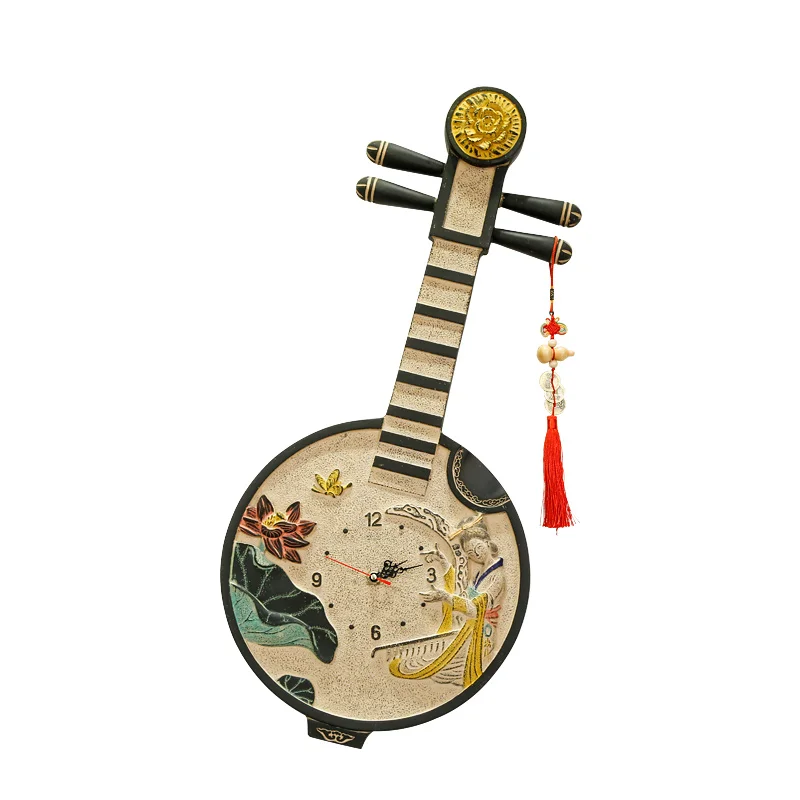 

Chinese Style Pipa Wall Clock Noiseless Clock Relief Mural Art Clock Creative Function Pendant Hotel Simple Wall Clocks