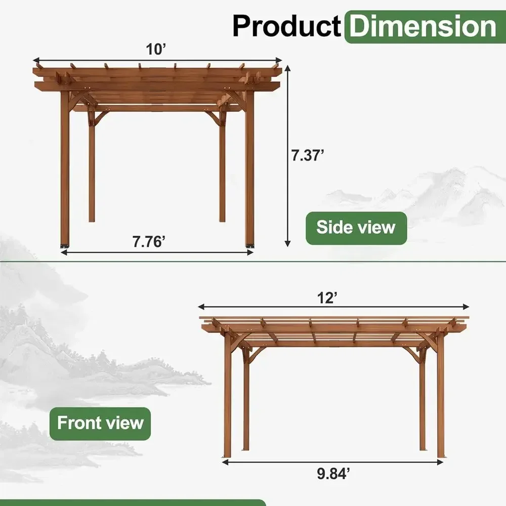 12ft x 10ft Outdoor Wooden Pergola with Sunshade, Ideal for Patio, Garden, or Deck in Brown