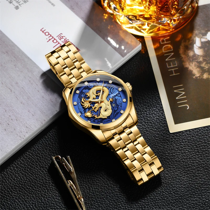 Chenxi 8220 Luxury Fashion Youth Single Item Calendar Waterproof Night Light Men's 3D Golden Dragon Totem Embossed Quartz Watch