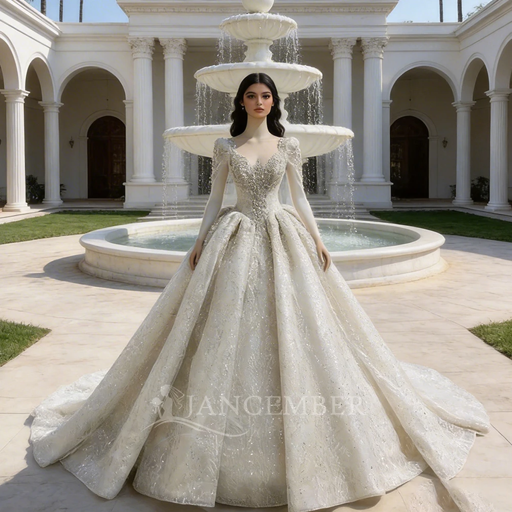 Luxury Wedding Dresses Ball Gown Organza Ball Gowns Illusion Long Sleeve Formal Bride Lace Up Back Vestidos De Novia Customized