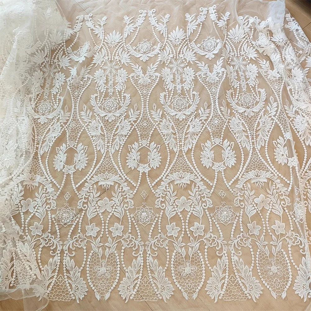 

1yard High quality mesh fabrics White nail bead flower embroidery tissu Wedding Dress Cheongsam fabric for material