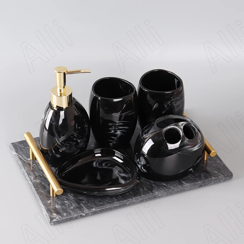 

Light Luxury Resin Bathroom Six Piece Set Marble Texture Shampoo Bottle Restroom Creative Mouthwash Cup Bathrooms Accesories