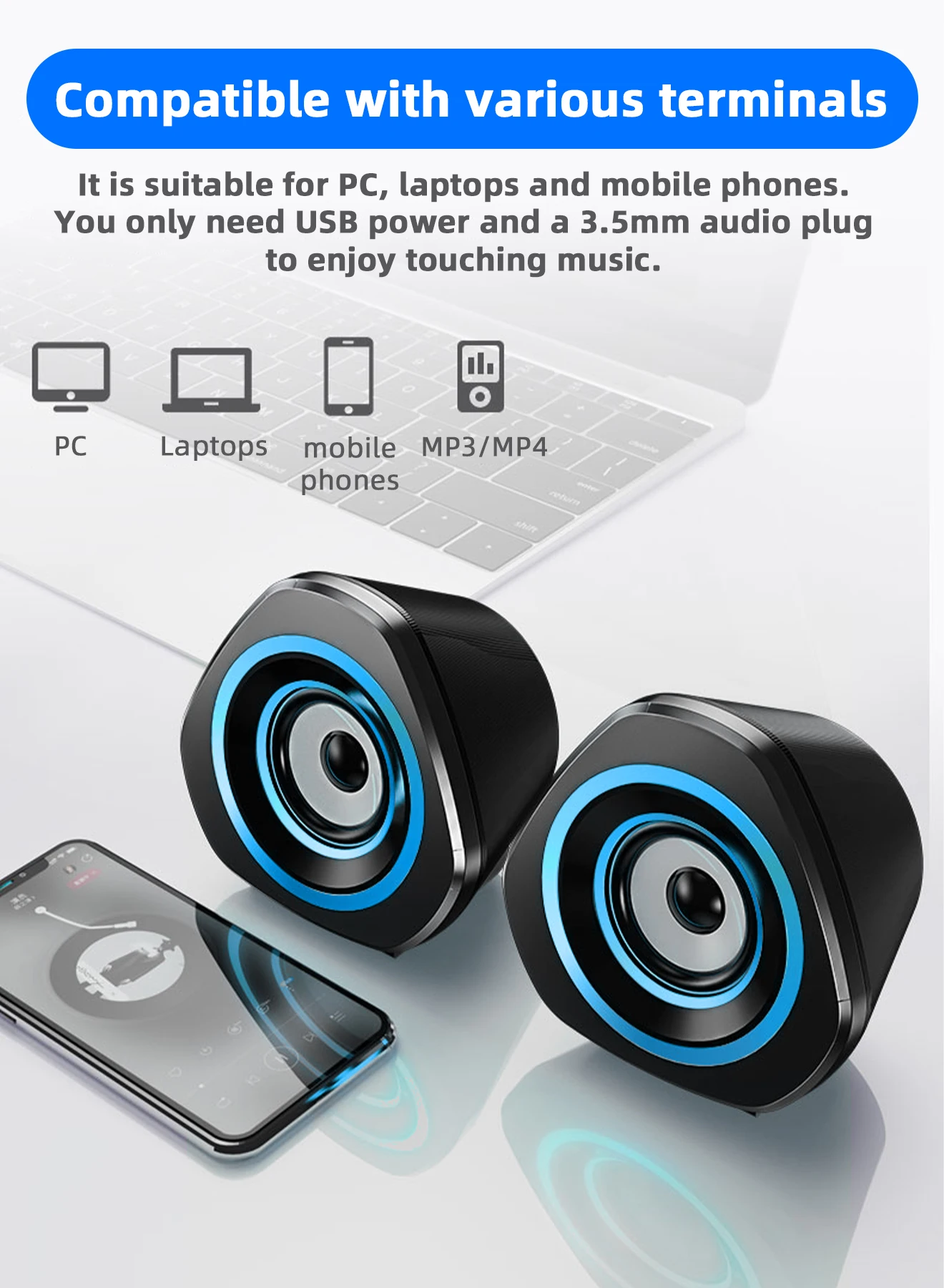 USB Computer Speakers,USB-Powered PC Gaming Speakers for Desktop Computer Laptop and Mobile Phone USB 3.5mm Aux Input BLUE Light