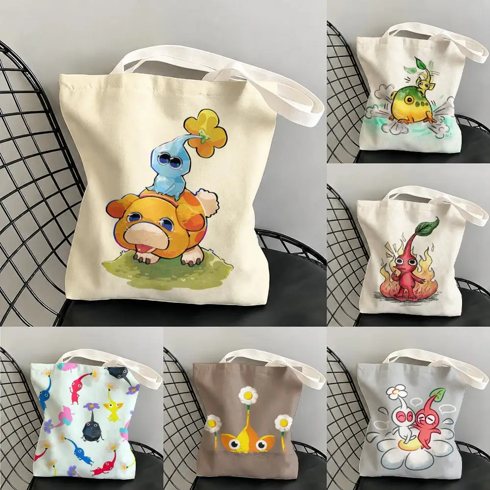 Cartoon Cute P-Pikmin Storage Bags Canvas Double-Sided Print Beach Bag Durable Handbag Shoulder Travel Bag Gift