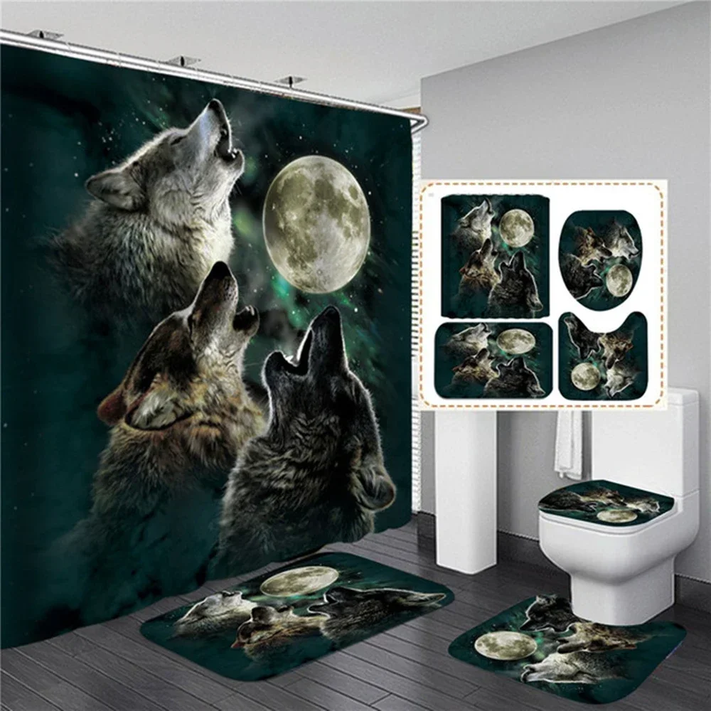 Mystery Wolf Animal Printed Shower Curtain Set with Bath Mat Anti-slip Toilet Lid Cover Bathroom  Carpet Home Decoration