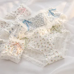 New 5Pcs/Lot Spring Women Floral Panties Double Bow Cute Girls' Underwear Comfortable Cotton Sexy Lace Seamless Mid-Waist Ladies