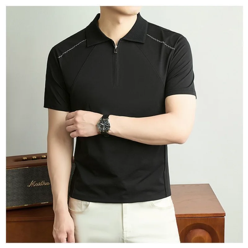 Men White Half Zip Polo Shirt Stitch Decor Raglan Short Sleeve Soft Casual Business Top
