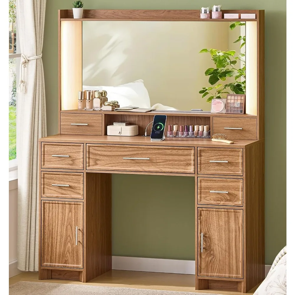 

Makeup Vanity Desk with Mirror and Lights, Wood Bedroom Vanity Table with 3 Color Lights, 7 Storage Drawers