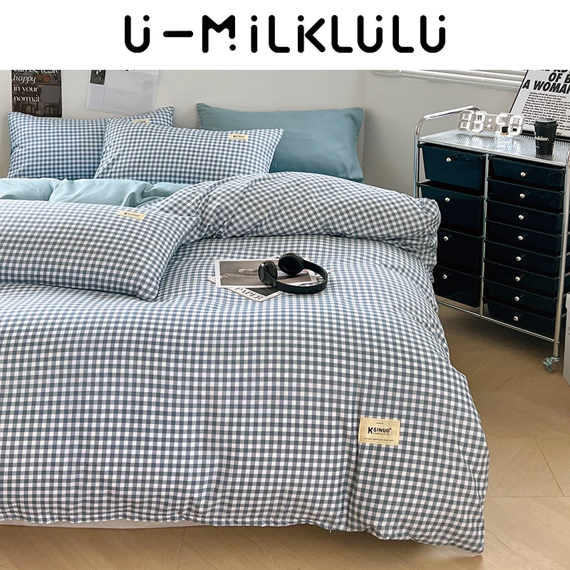 

Baby Blue Grid Bedding Set Luxury Simplicity and Freshness Queen Comforter Cotton King Size Sheet Set Comfortable Duvet Cover