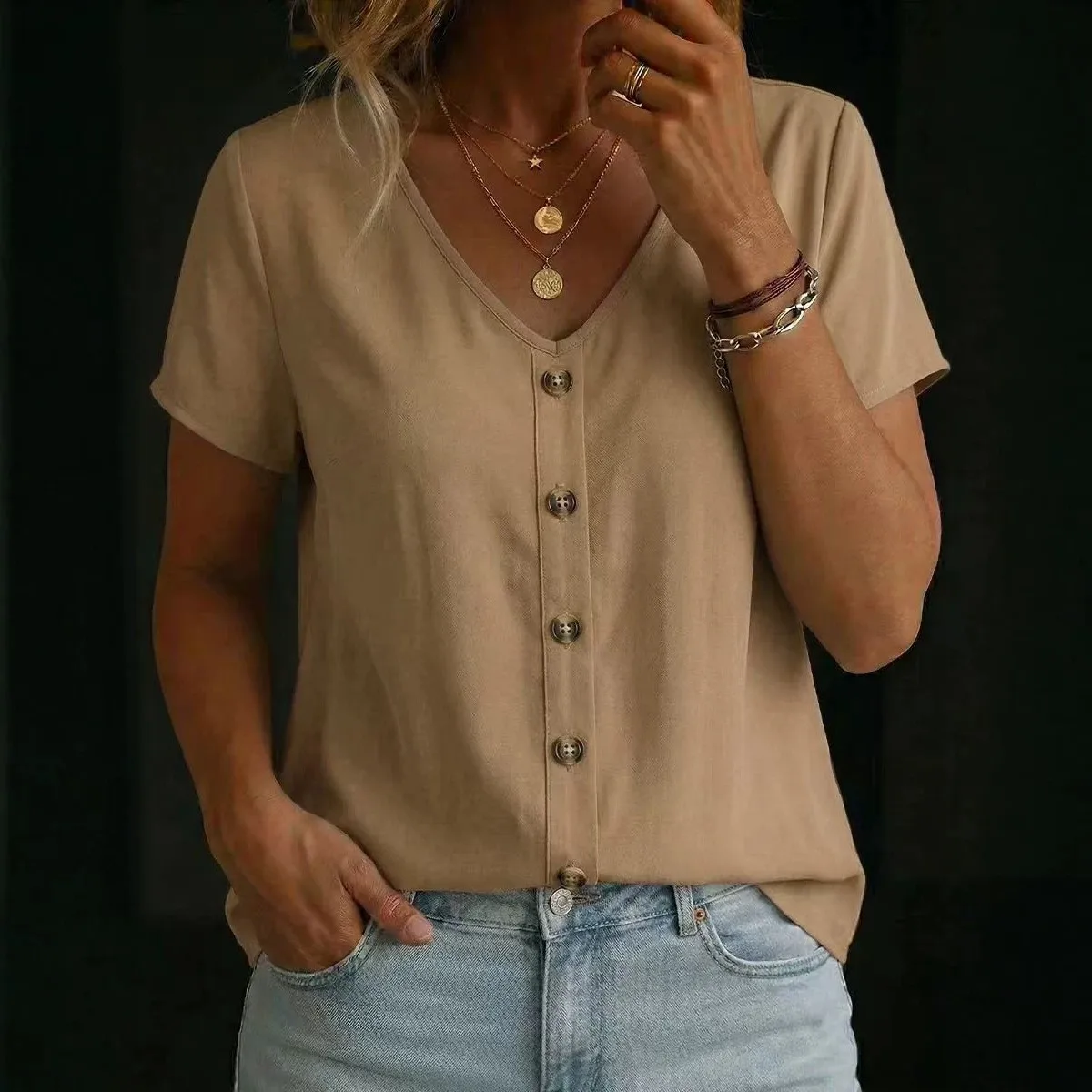 

Women T Shirt Loose Fit Short Sleeve T Shirts Women's Summer Clothes Button Front Beige Blouse Tee Solid Color White Blouse Top