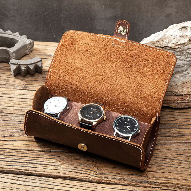 Cow Leather 3 Slot Watch Box Handmade Watch Roll Travel Case Wristwatch Pouch Exquisite Retro Slid in Out Organizer