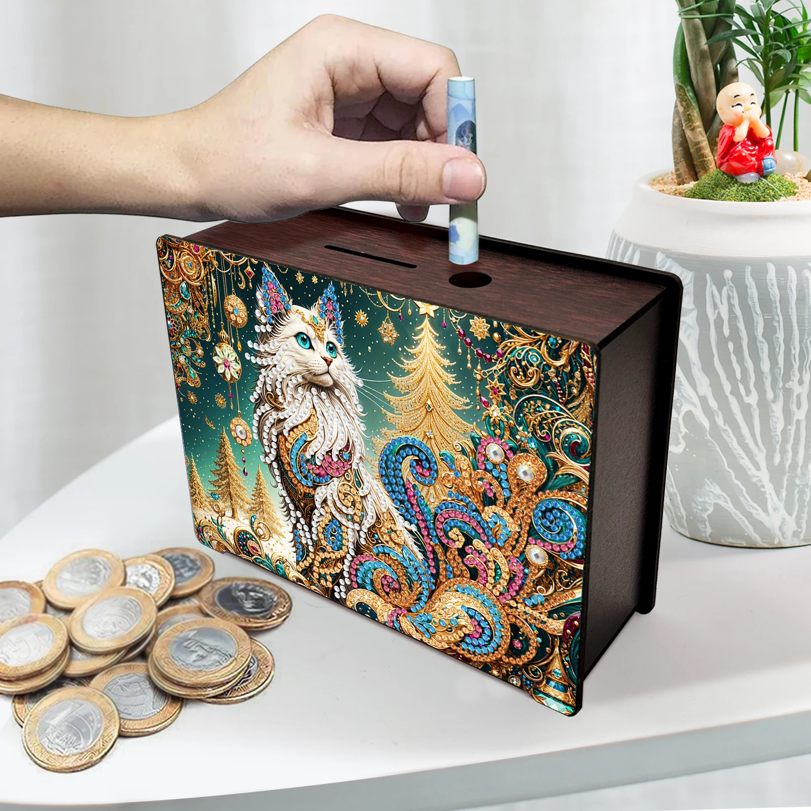 Diamond Art Painting Spaarpot Bureaudecoraties, Houten Geldbesparende Potdoos voor Cash Coin, 5D Diamond Dots Tafelornamenten