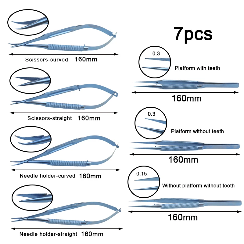 7-teiliges Medizinisches Mikrochirurgisches Ophthalmologie-Werkzeugset Nadelhalter Mikro-Zangen Scheren Ophthalmologisches Instrument aus Titanlegierung