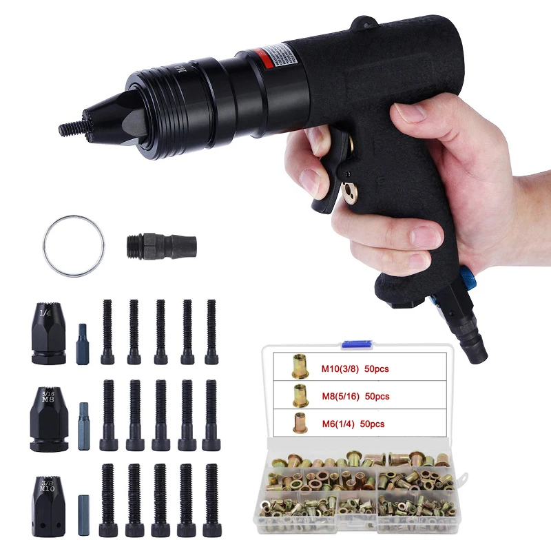 Pneumatic Air Rivet Gun Blind Riveting Gun Flat Nuts Riveter Rivenut Tool Kit With M6 M8 M10 Self-Locking Head With 150pcs Nuts