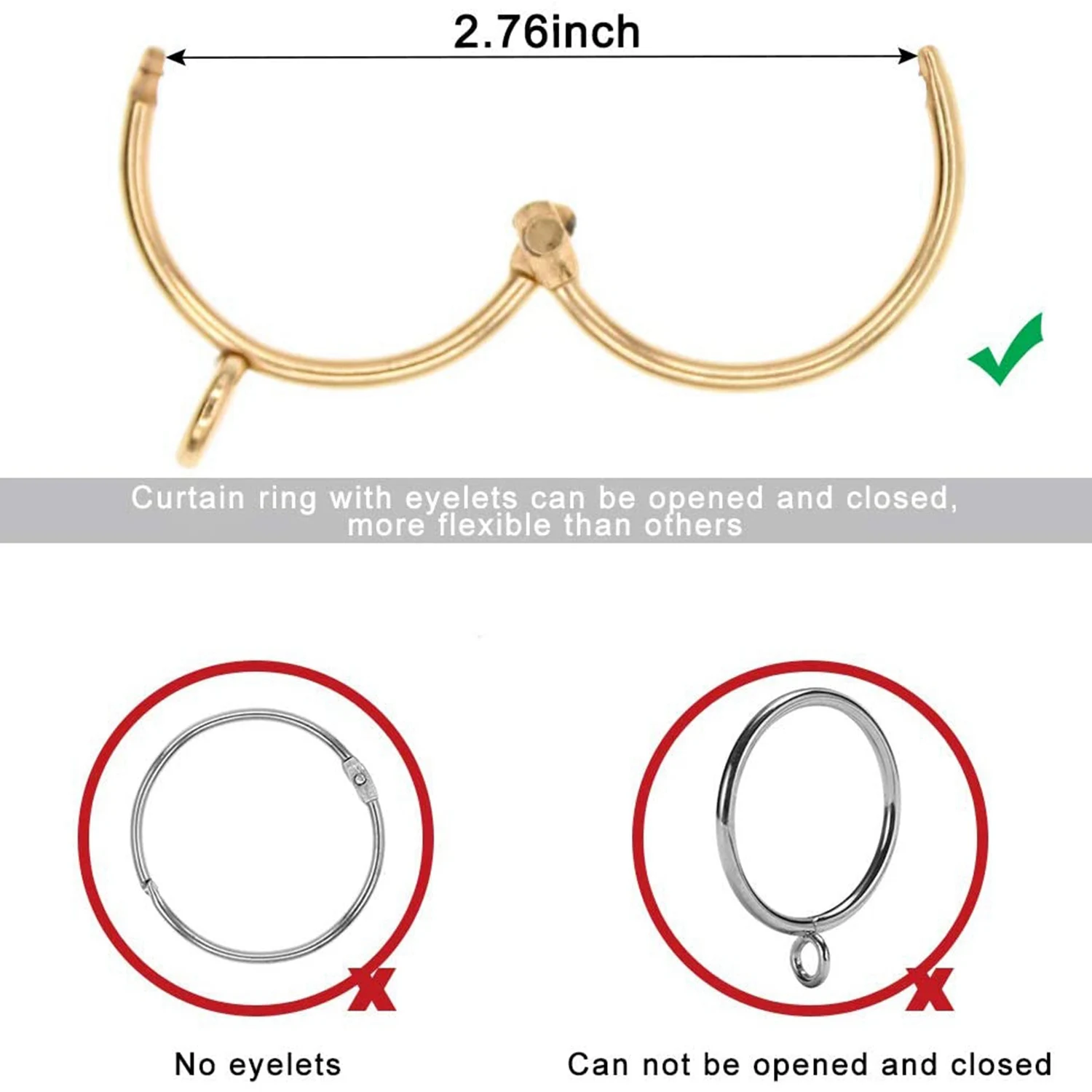 20 Pcs Openable Gold Curtain Rings Open and Close Metal Rustproof Drapery Loops with Eyelet for Hook Pins (1.5 Inch)