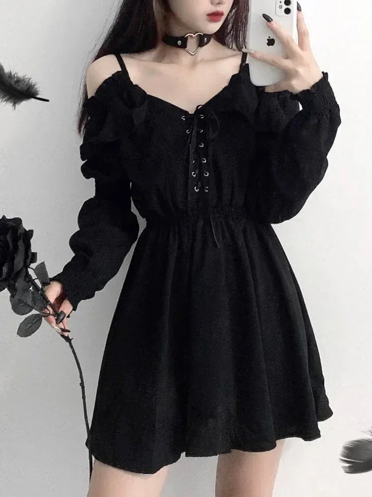 

2025 Large Size Gothic Women Black Mini Dress Sexy Off Shoulder High Waist Tunic Ladies Party Dress Long Sleeve V Neck Vestidos