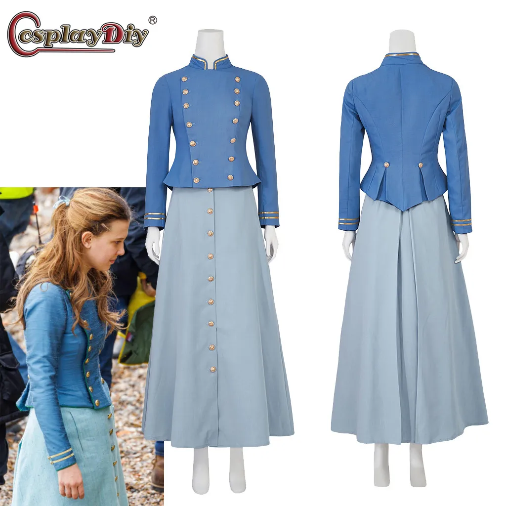 

Cosplaydiy Moive Enola Holmes 2 Costume Blue Dress Detective Enola Cosplay Victorian Vintage Dress Trench Jacket Skirt Outfits