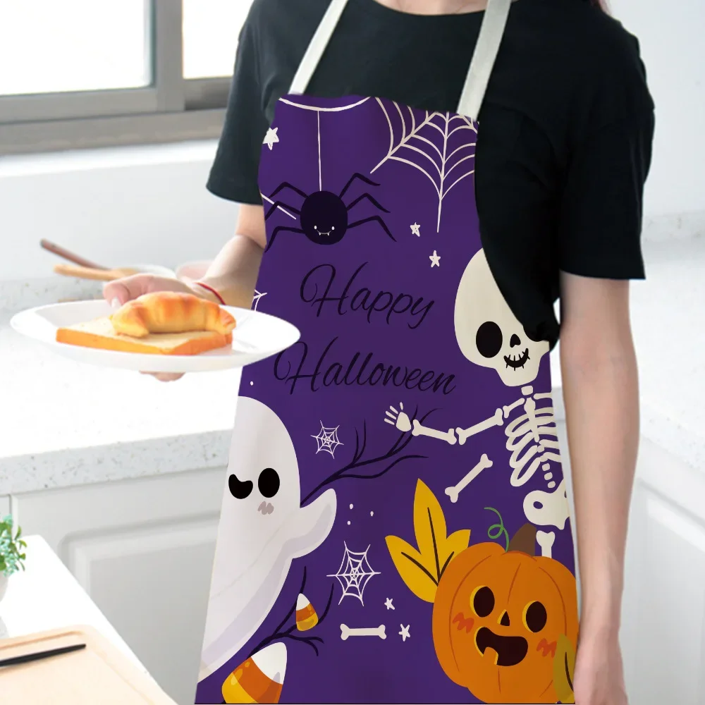 Pumpkin Witch Horror Happy Halloween Kitchen Aprons for Woman Man Home Cooking Baking Shop Cleaning Cotton Linen Apron