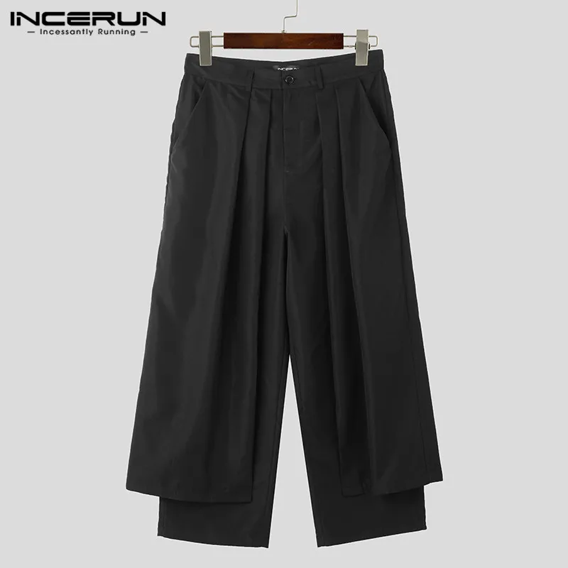 INCERUN Men Irregular Pants Solid Color Joggers Loose Button Pleated Casual Wide Leg Trousers Men Streetwear 2024 Fashion Pants