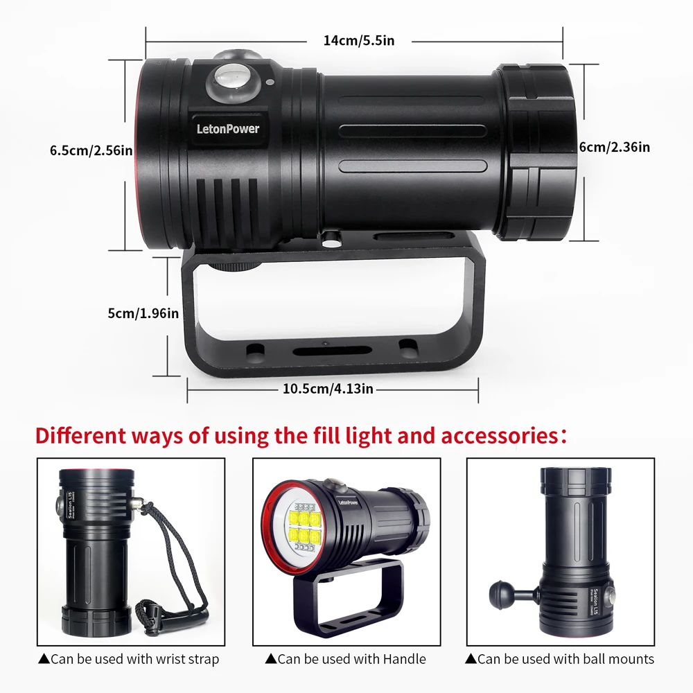 LetonPower Diving Flashlight 22800Lumens rechargeabl Underwater Lighting 100m Waterproof  Torch For Photography Video Fill Light