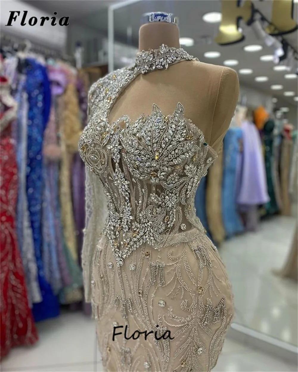 Uniques One Shoulder Prom Dresses Robes De Soiree Champagne Beaded Cocktail Dress Sequins Crystals Engagement Gowns Party Night