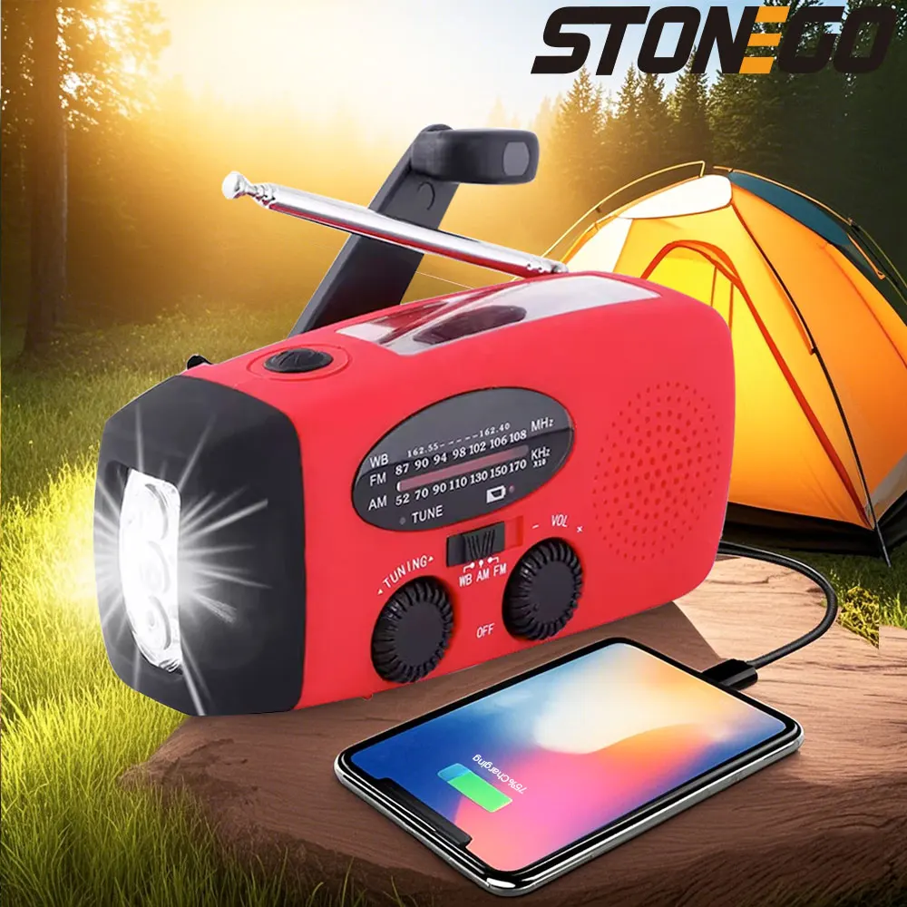 Multifunctional Solar Hand Crank Radio FM AM WB NOAA Weather Radio 2000mAh USB Charging Emergency LED Flashlight Power Ban