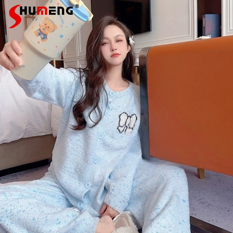 

New Style Cute Bowknot Pajamas for Women Autumn Winter Fleece Thickened Homewear Set Female Japanese Soft Sleep Suits