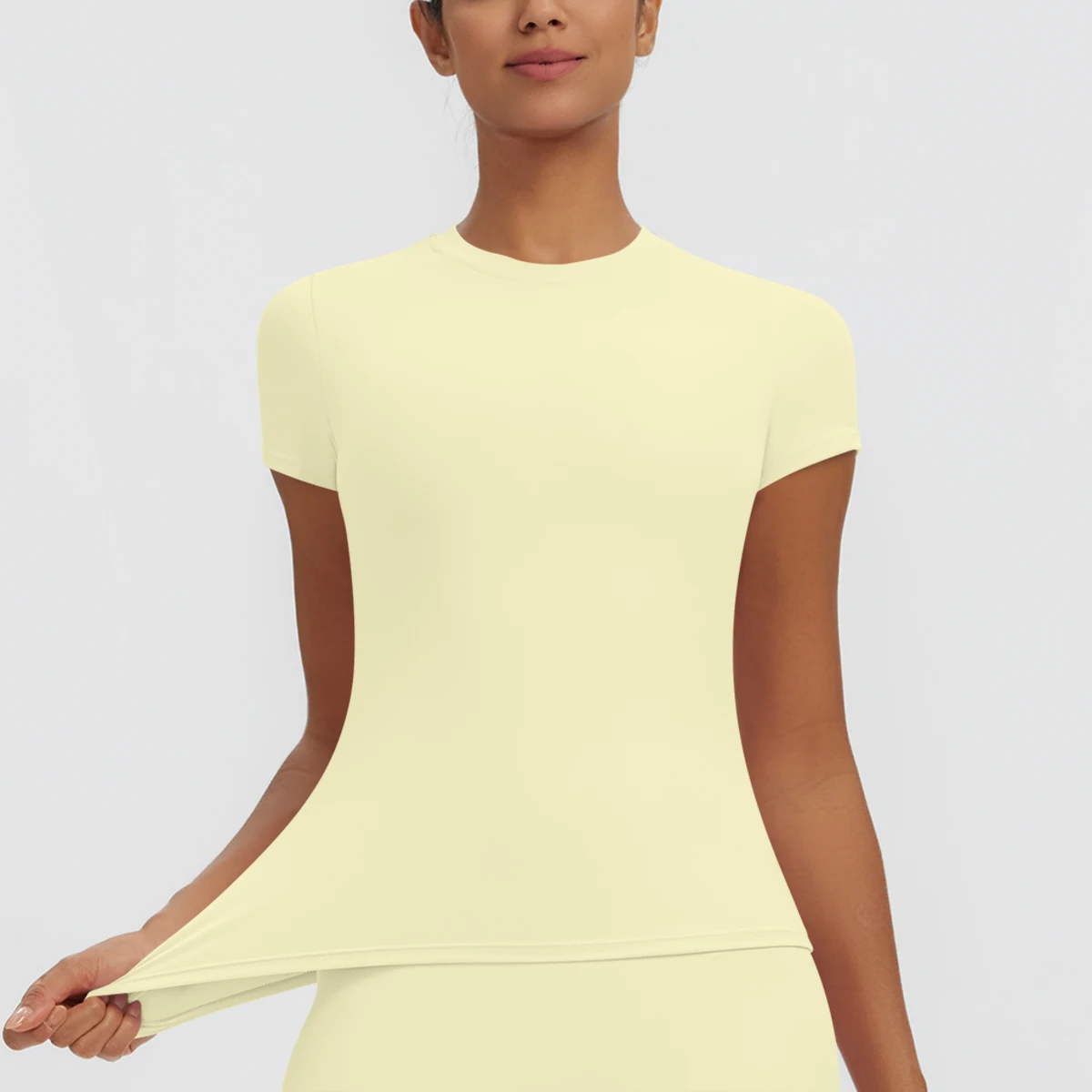 Hochelastisches, schnelltrocknendes, einfarbiges Yoga-Kurzarm-T-Shirt für Damen, Workout-Oberteil, schmal geschnittenes, lässiges Sport-, Lauf-, Fitness- und Yoga-T-Shirt. – Detail 26