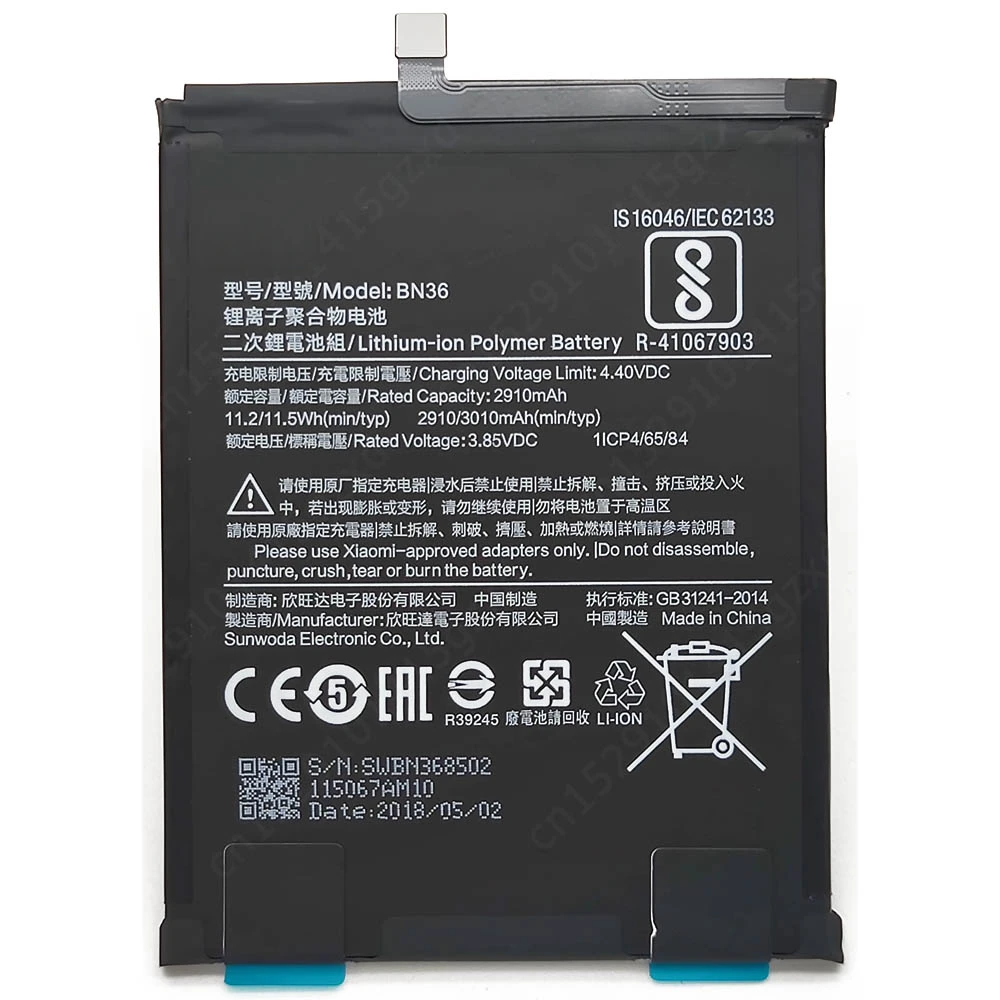 100% For Xiaomi Mi A2 6X Battery BN36 2910mAh Batteries Li-ion Built-in High Capacity Replacement Spare Parts