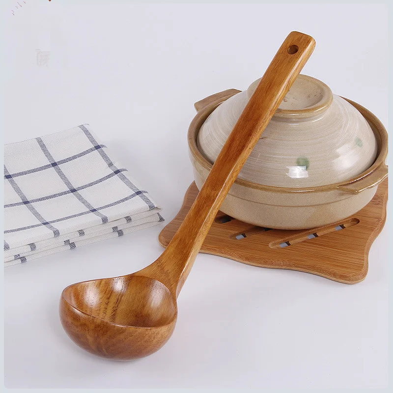 27cm Natural Wood Long Handled Rice Soup Cooking Spoons Big Ladle Hot Pot    Tableware Tools Kitchen Accessories