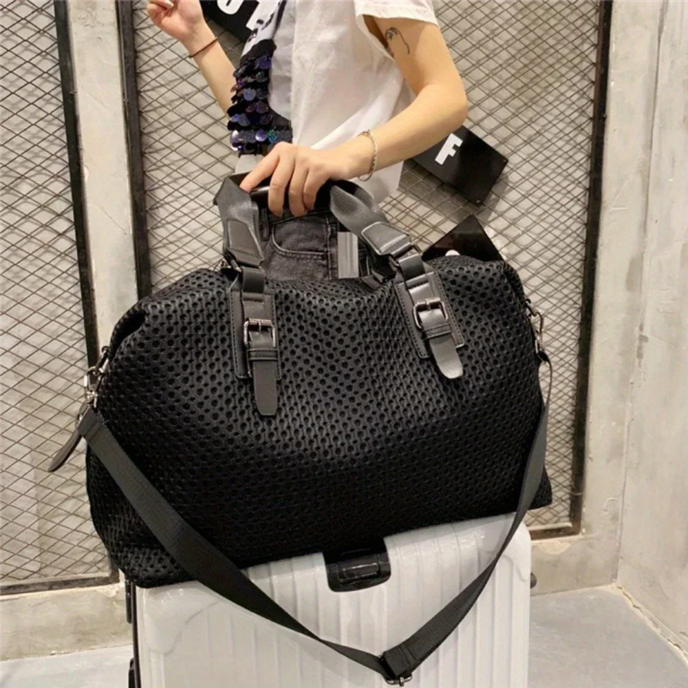 Travel bag, simple and casual, large bag, nylon fabric, mesh fabric, shoulder bag, detachable shoulder strap, crossbody bag