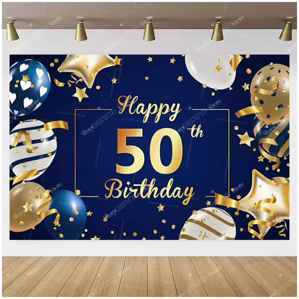 سعيد 30th 40th 50th 60th حفلة عيد ميلاد ديكور بالون خلفية الذهب الأزرق عيد ميلاد التصوير خلفية كعكة الجدول راية