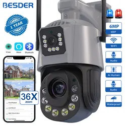 BESDER 6MP WiFi IP Camera PTZ Outdoor Dual Screen 36X Optical Zoom 120M IR Night Vision Human Detection CCTV Surveillance Camera