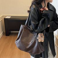 Ladies Casual Retro Shiny Shoulder Bag Solid Color Teddy Pendant Spacious Light Carry Wear Proof Zipper for Work Office