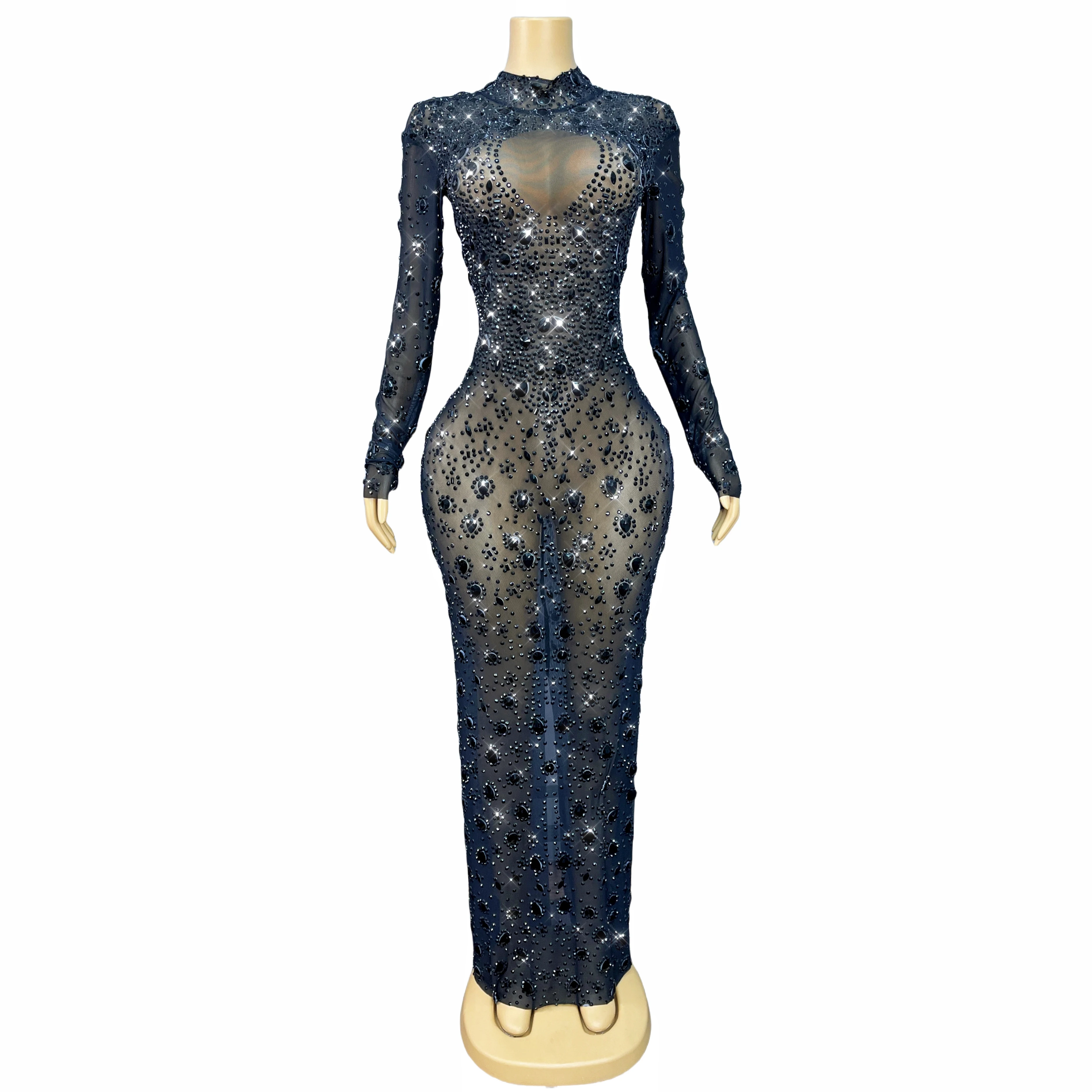 

Сексуальное прозрачное сетчатое роскошное блестящее платье со стразами, женское вечернее платье для празднования, вечернее платье для красной ковровой дорожки, сценический наряд Yuanquanxiong