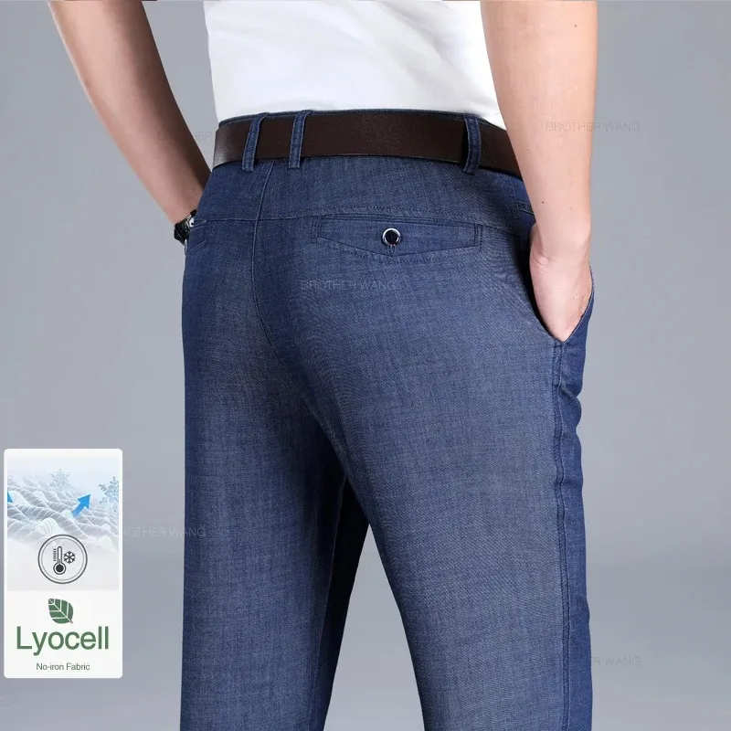 

2024 New Thin Men's Lyocell Material Jeans Loose Straight Drape Elasticity Denim Trousers Male Brand Business Casual Pants