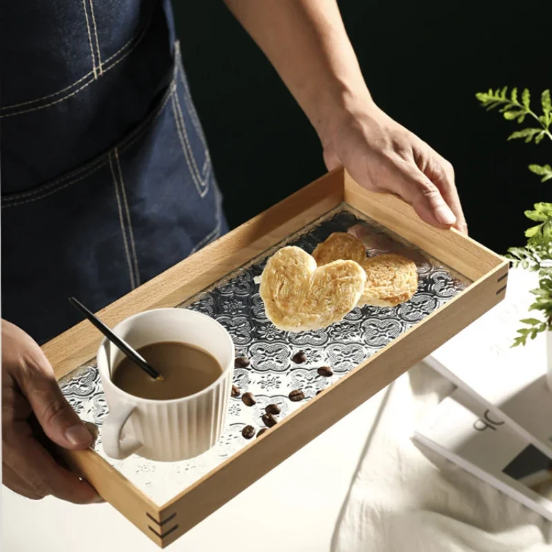 Solid Wood Serving Tray, Black Walnut Tea and Water Cup Holder, Rectangular Beverage Organizer, Home Dining Table Server