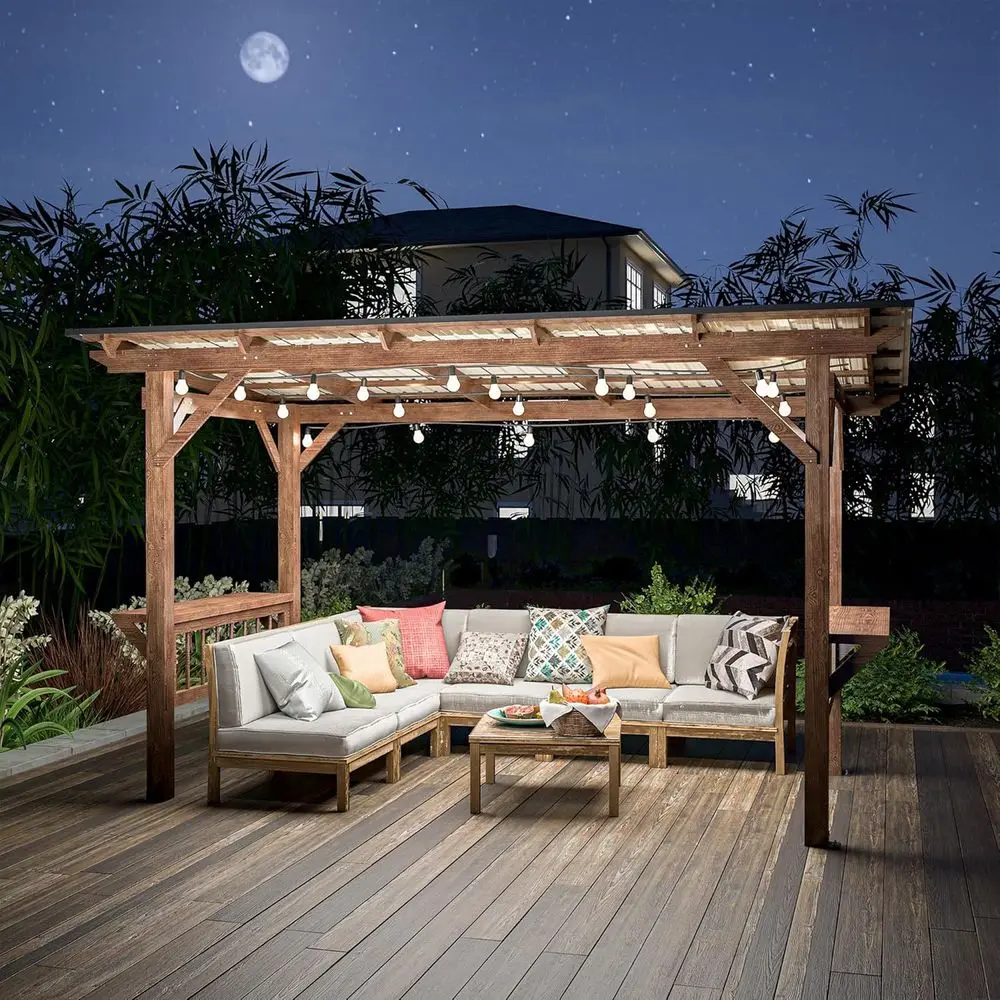 

Sturdy Wooden Pergola Gazebo with Metal Roof, LED Lights, and Bar Counters for Outdoor BBQ, Patio, and Poolside Use